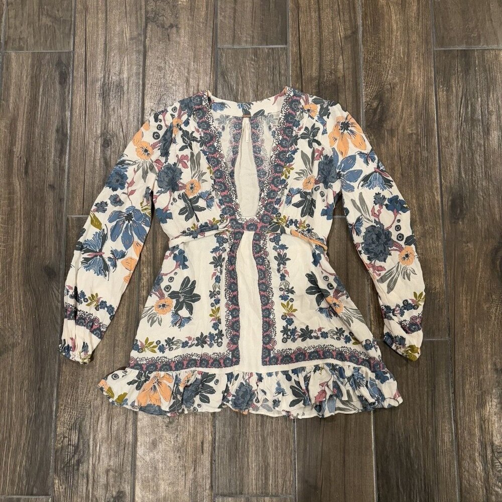 Free People Violet Hill Printed Tunic Top Ivory Floral Ruffle Tie Sz 0 (127)